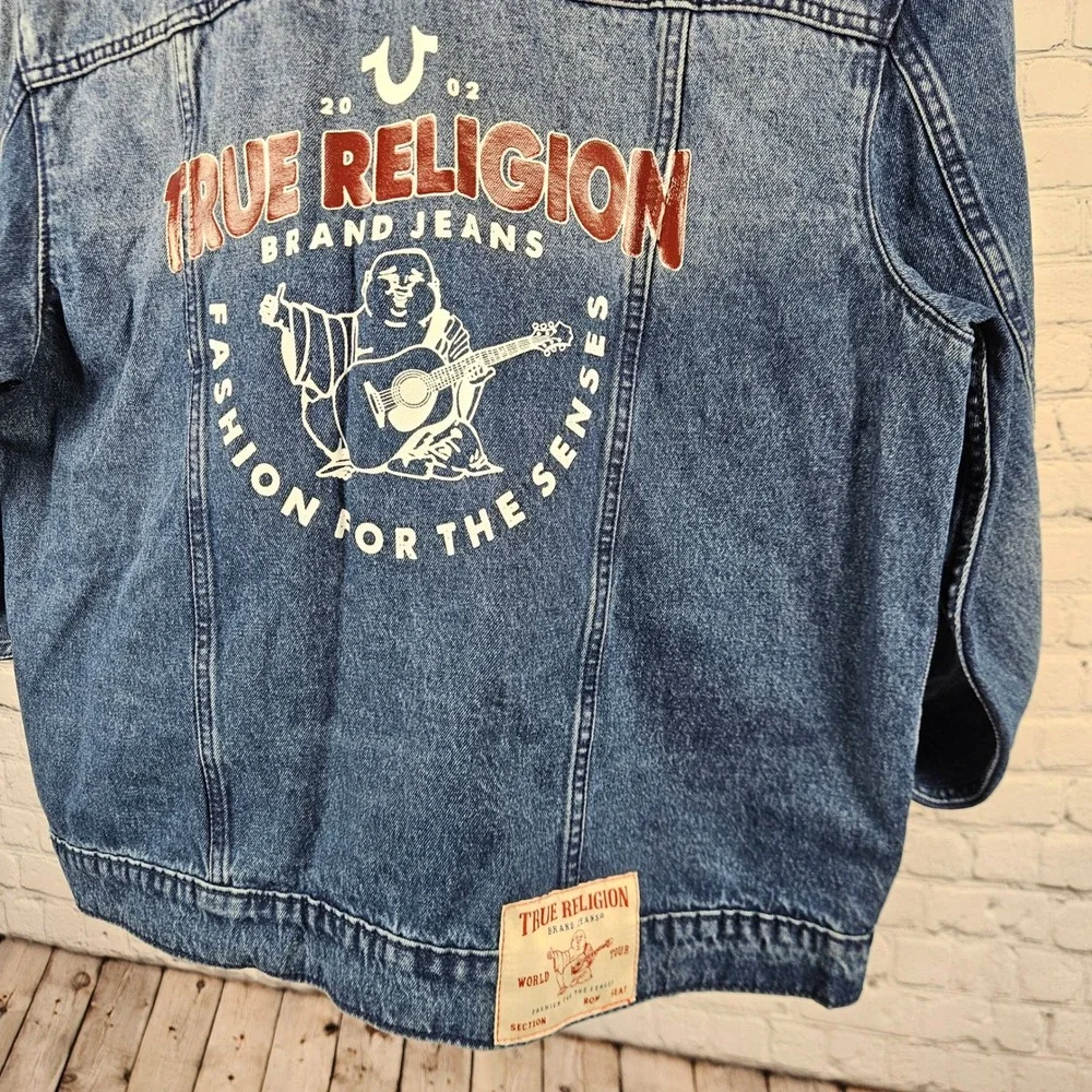 True Religion Mens Denim Jacket Medium Blue Quartz Wash Buddha Print 701133 XL
